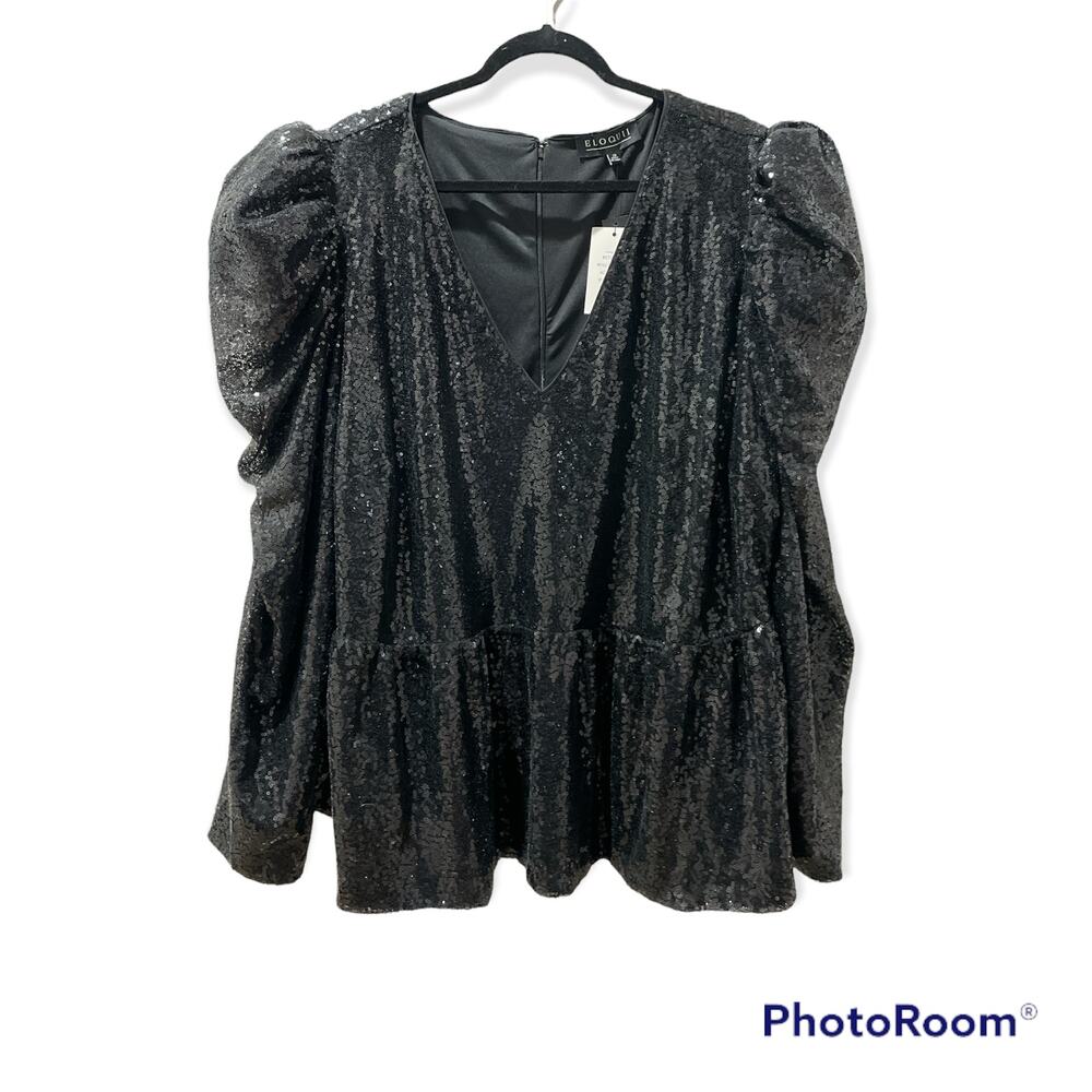 ELOQUII Black Sequin Peplum Long Sleeve Top Size 28